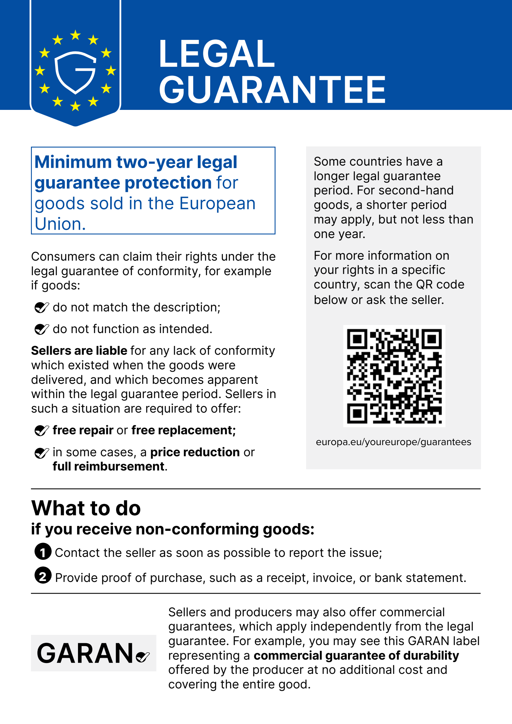 Legal guarantee notice – goods sold in the European Union have at least two years of legal guarantee protection
